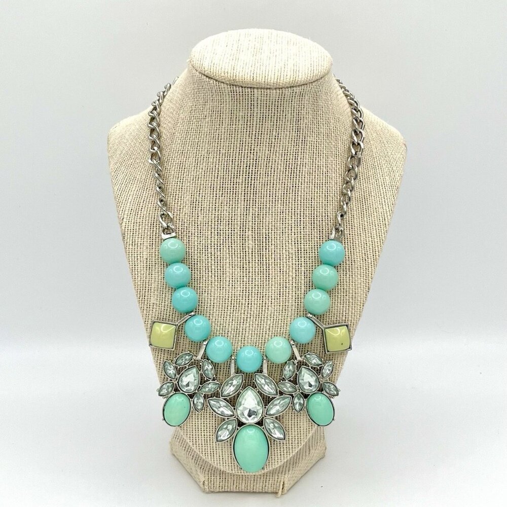 Mint Green Y2K Statement Bib Necklace Crystal Floral Cluster Beads Silver Tone